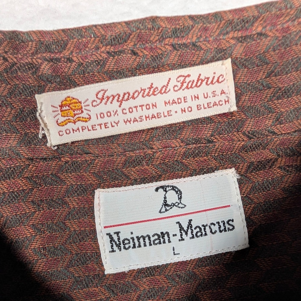Vintage Neiman Marcus Shirt Mens L Brown Geometric Woven Button Made USA 70s 80s - Picture 3 of 10